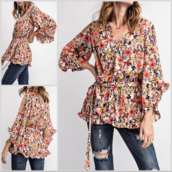 Des Feli Tops - Floral Wrap Blouse With Belt